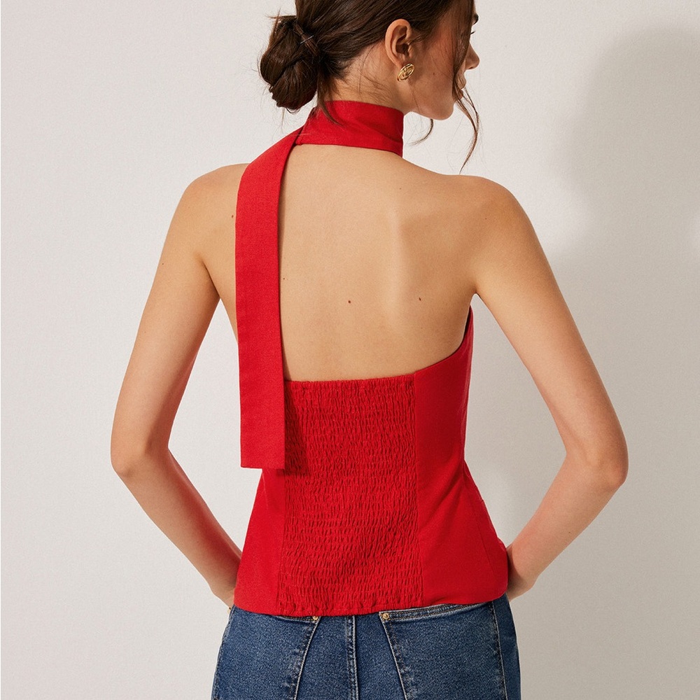 Commense Red Asymmetrical Halter Button-Front Top… - image 2